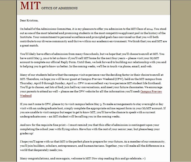 Mit Letter Of Recommendation Luxury Mit Acceptance Letter
