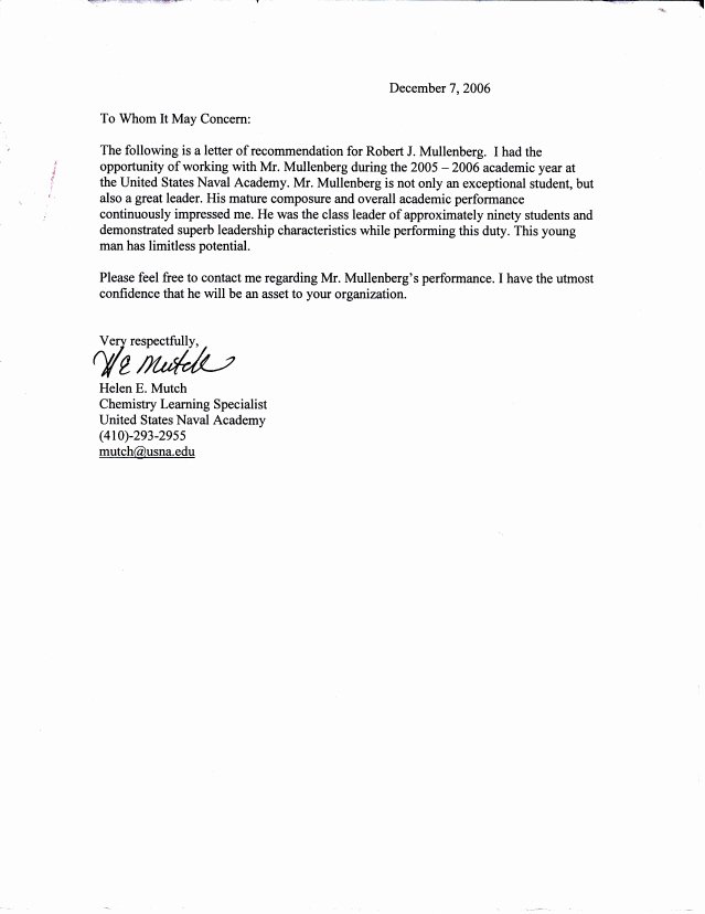Naval Letter Of Recommendation Elegant Robert J Mullenberg Usna Lor Helen Mutch