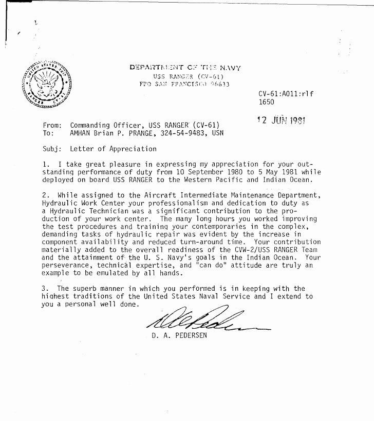 Naval Letter Of Recommendation Unique Letter Appreciation From Navy