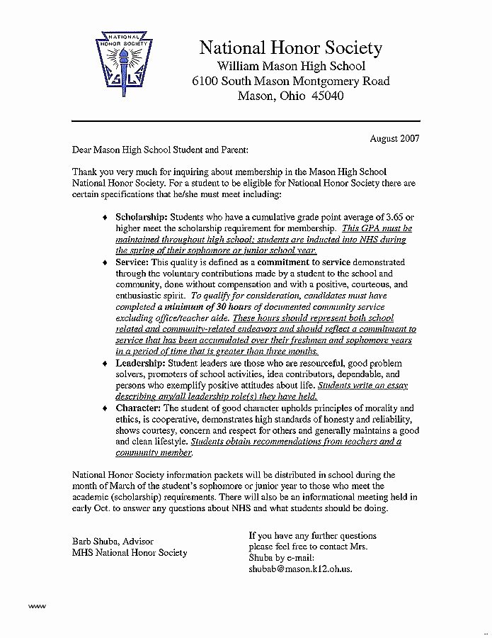 Nhs Letter Of Recommendation Template Unique National Junior Honor society Letter Re Mendation