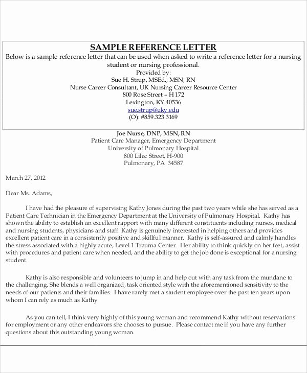 Nursing Letter Of Recommendation Awesome 8 Sample Nursing Re Mendation Letter Free Sample