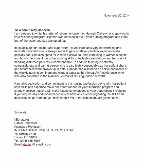 Nursing School Letter Of Recommendation New Nursing Student Letter Re Mendation