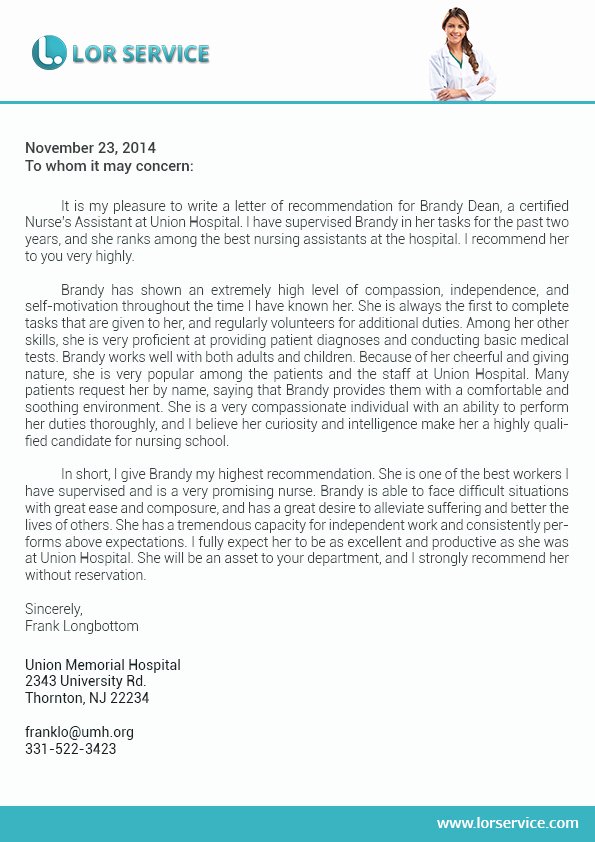 Nursing School Recommendation Letter New Letter Of Re Mendation for Nursing School Writing Service