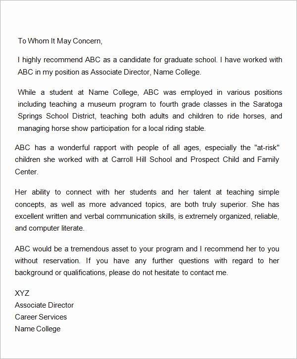 Nursing Student Recommendation Letter Beautiful Letter Of Re Mendation for Graduate School From Employer