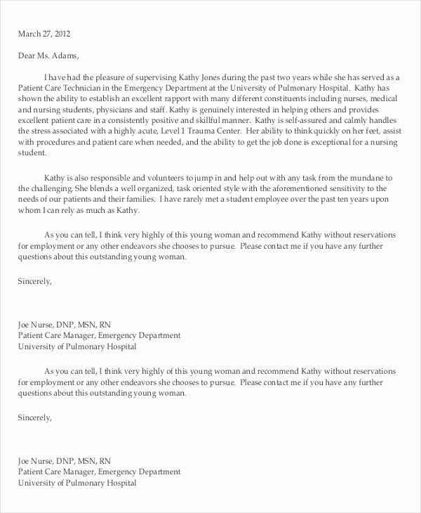 Nursing Student Recommendation Letter Fresh 15 Reference Letters