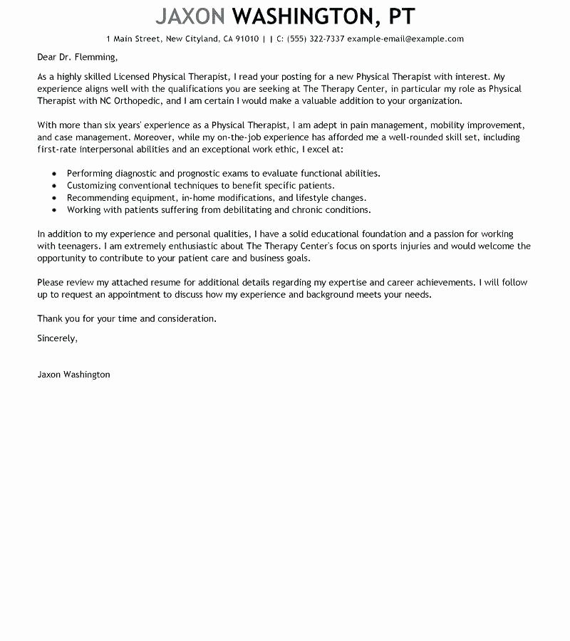 Occupational therapy Letter Of Recommendation Awesome Physical therapy Cover Letter
