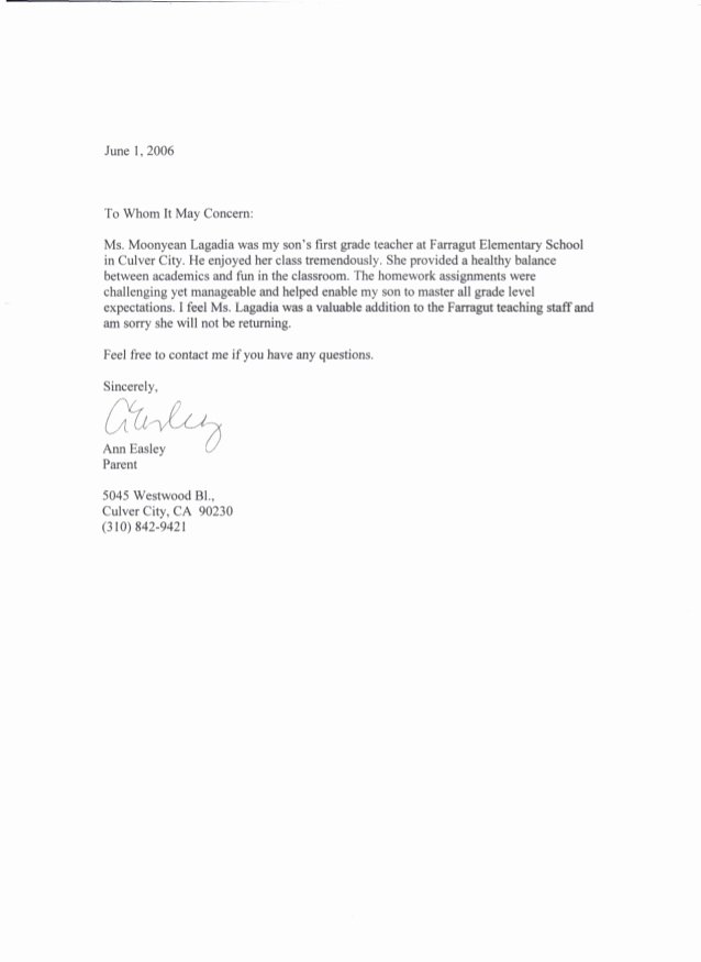 Parent Letter Of Recommendation Awesome Moonyean Newman Letter Of Re Mendation Ann Easley