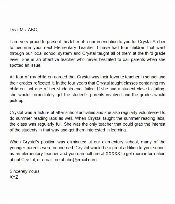 Parent Recommendation Letter for son Unique Letter Of Re Mendation Elementary Teacher