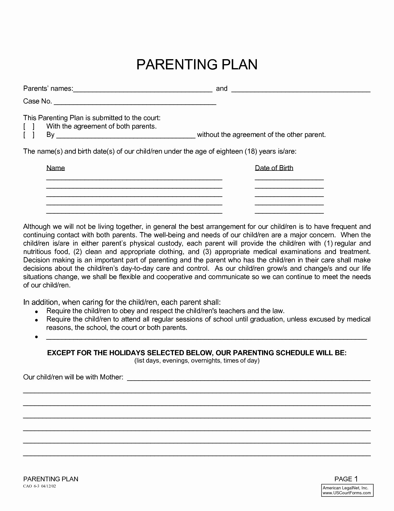 Parenting Plan California Template Inspirational 49 Special Parenting Plan Agreement Template Ze