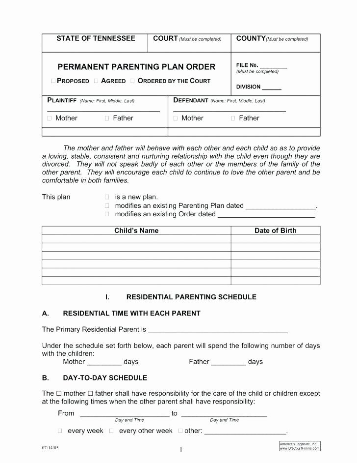 Parenting Plan Template Free Inspirational Parenting Agreement Template