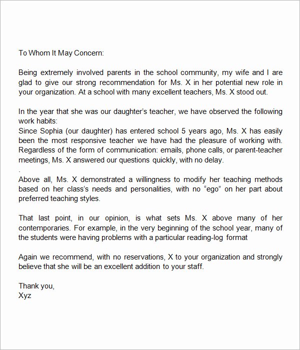Parents Letter Of Recommendation Inspirational Sample Letters Of Re Mendation for A Teacher 9