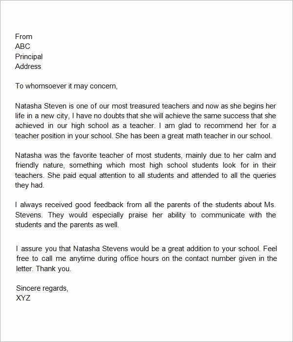 Parents Letter Of Recommendation New Sample Letter Re Mendation for Teacher From Parent
