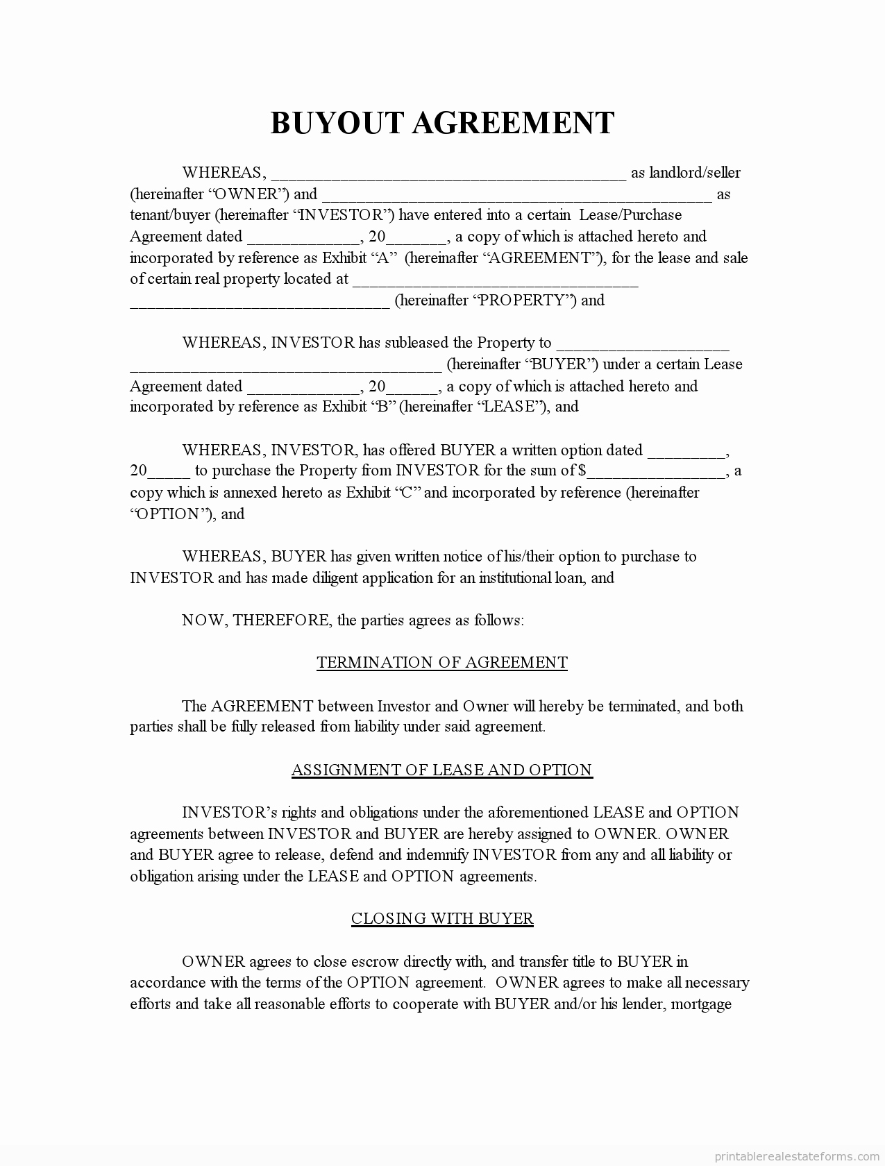 Partnership Buyout Agreement New Free Printable Buyout Agreement form Pdf &amp; Word
