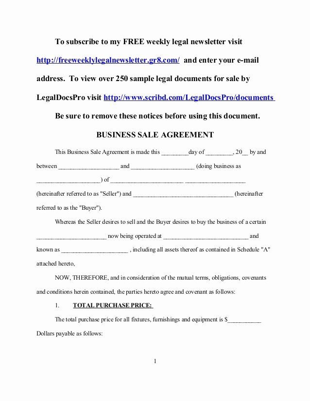 free sample business sale agreement