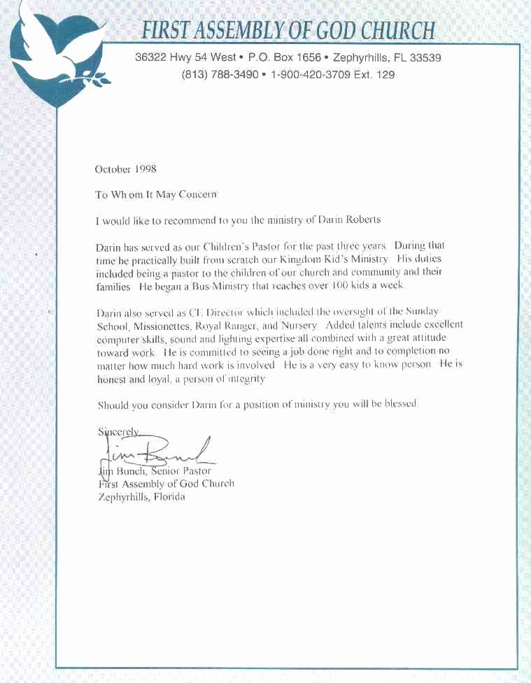 Pastor Letter Of Recommendation Beautiful Pastor Re Mendation Letter In 