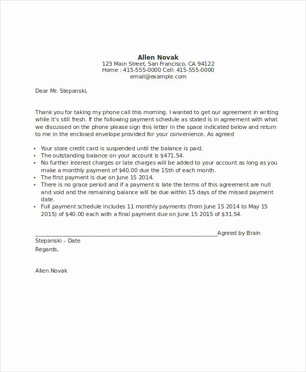 Payment Plan Letter Template Inspirational Agreement Letter Template 8 Free Sample Example