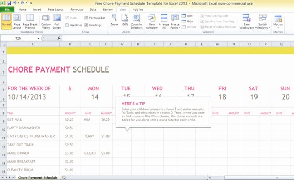 Payment Plan Template Free Awesome Free Chore Payment Schedule Template for Excel 2013
