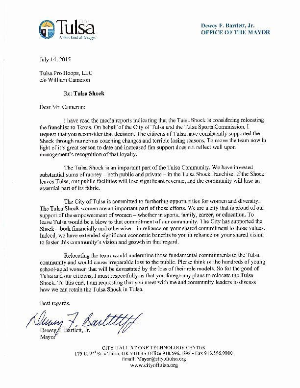 Payment Shock Letter Example Best Of Letter From Mayor Dewey Bartlett to Tulsa Shock Ownership