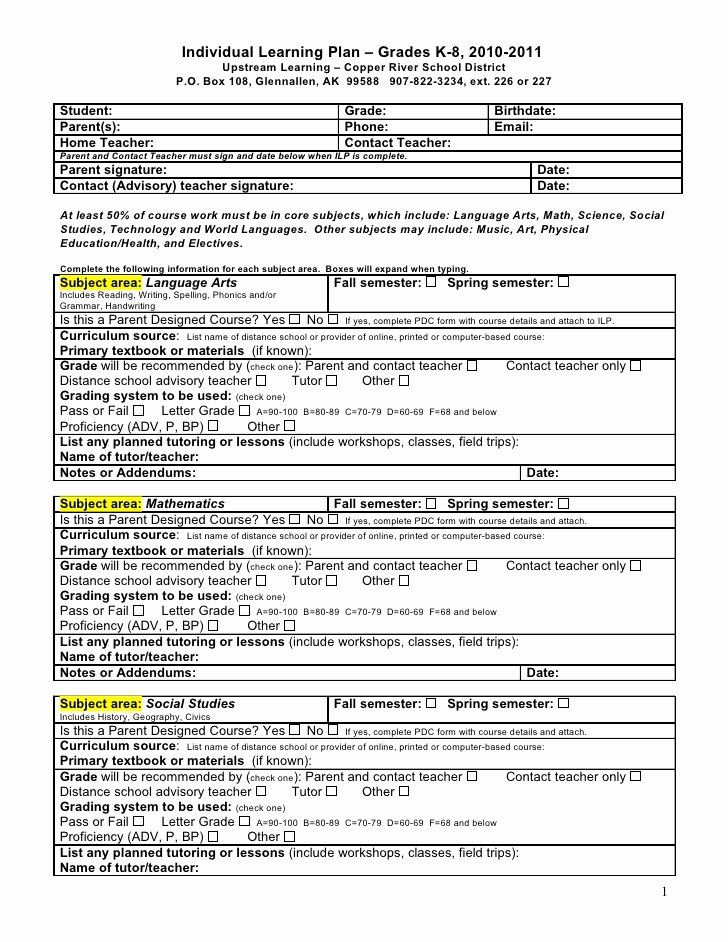 Personal Learning Plan Template Fresh Individual Learning Plan – Grades K 8 2010 2011