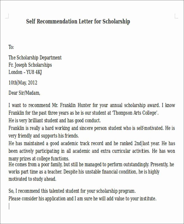 Personal Recommendation Letter for Scholarship Luxury 8 Self Re Mendation Letter Samples Pdf Doc