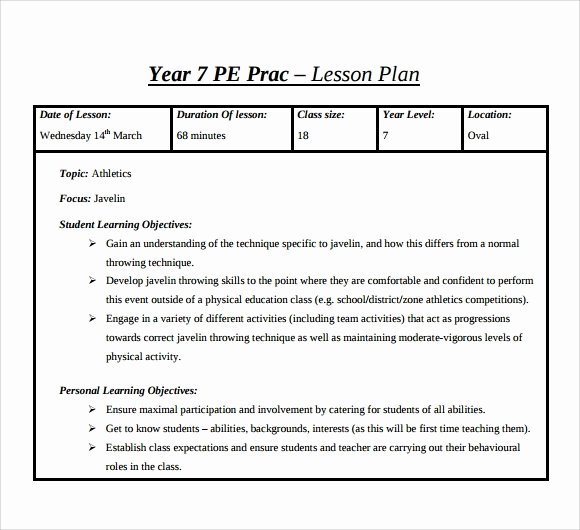 Phys Ed Lesson Plan Template Awesome Sample Physical Education Lesson Plan Template – 7 Free