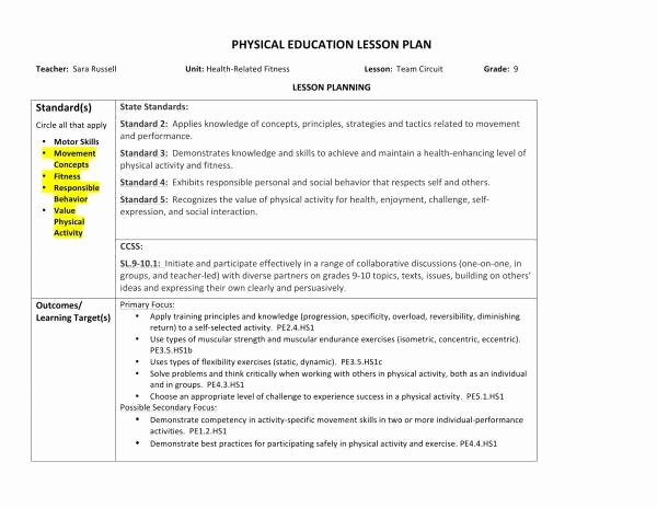 Physical Education Lesson Plan Template Fresh 10 Physical Education Lesson Plan Samples Pdf Word