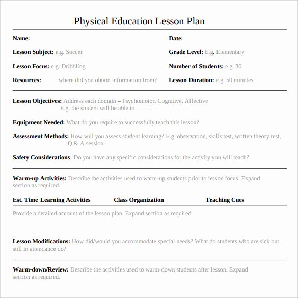 Physical Education Lesson Plan Template Lovely Sample Physical Education Lesson Plan 14 Examples In