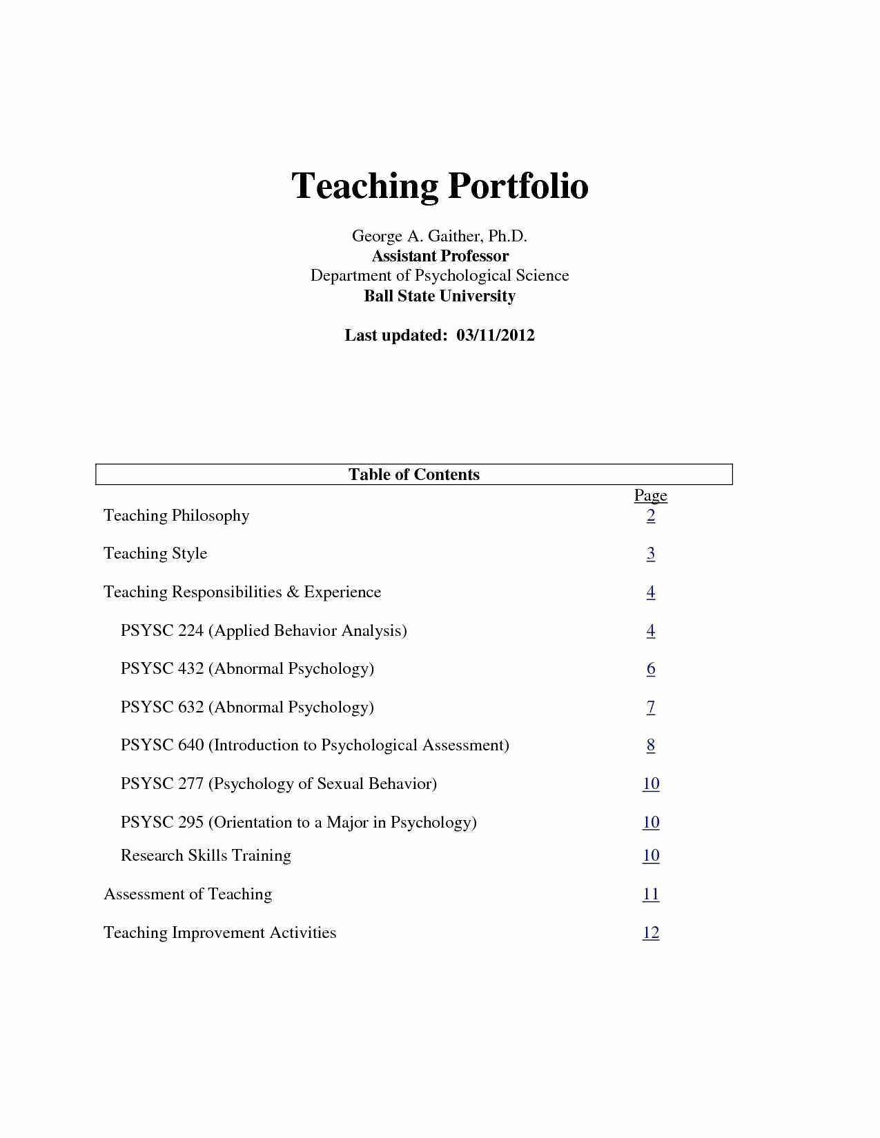 Portfolio Table Of Contents Template New Career Portfolio Table Contents Samples New Teaching
