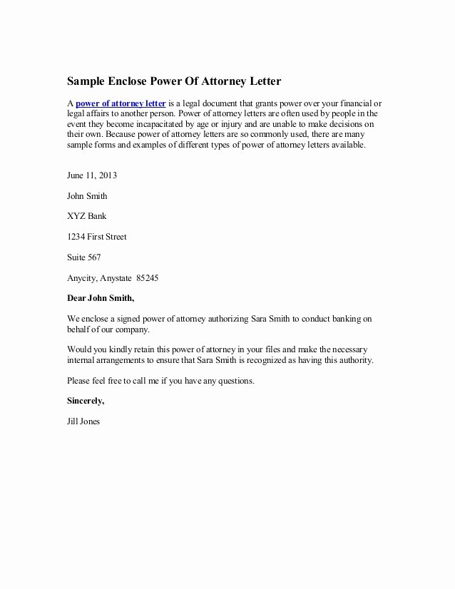 Power Of attorney Letter format Luxury Sample Enclose Power attorney Letter