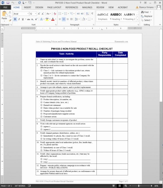 Product Recall Plan Template Elegant Pm1030 3 Non Food Product Recall Checklist