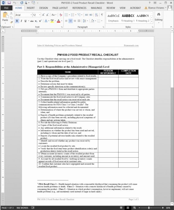 Product Recall Plan Template Lovely Food Product Recall Checklist Template