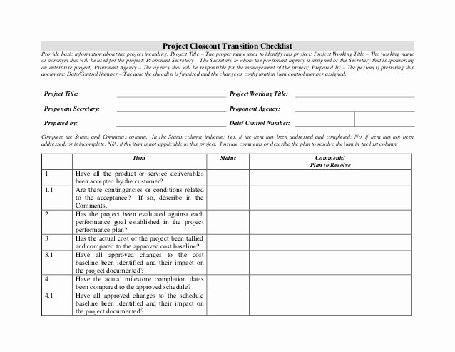 Project Transition Plan Template Excel Unique Project Closeout Transition Checklist
