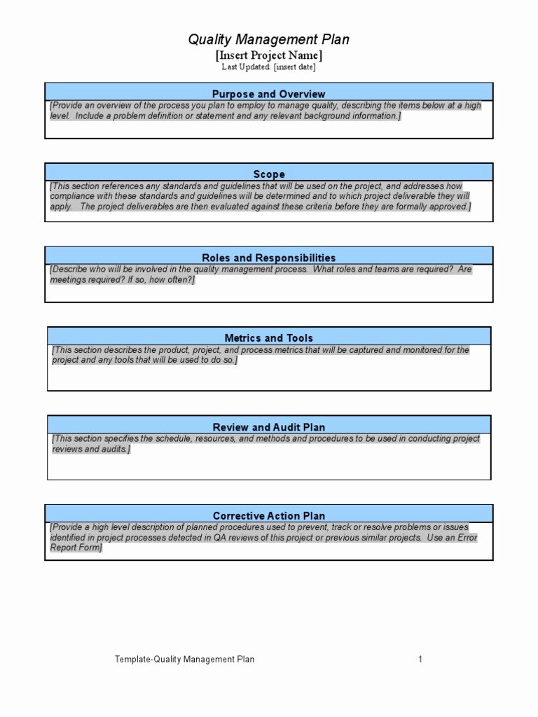 Quality Management Plan Template Awesome Project Quality Management Plan Template