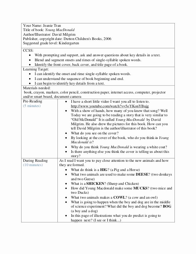 Read Aloud Lesson Plan Template Awesome &quot;young Macdonald&quot; Read Aloud Lesson Plan