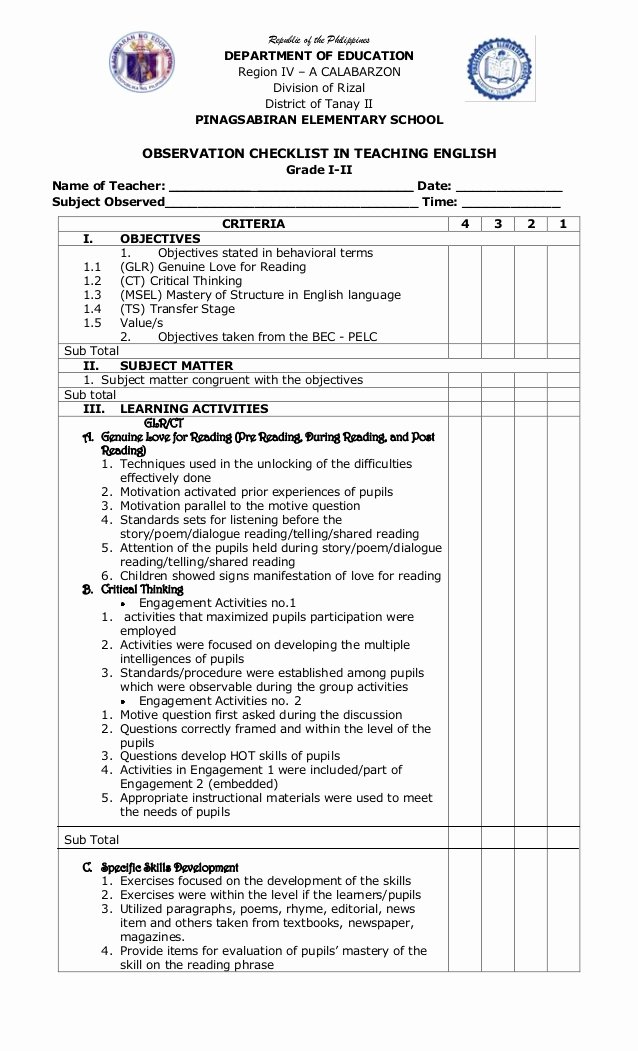 Reading Mastery Lesson Plan Template Best Of Observation Checklist English