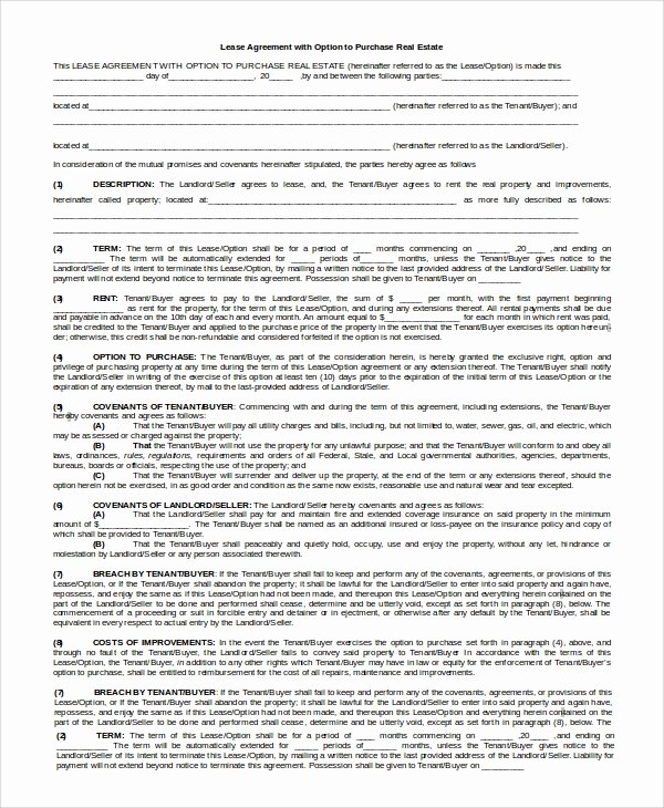 Real Estate Buyout Agreement New Sample Lease Purchase Agreement 10 Examples In Pdf Word