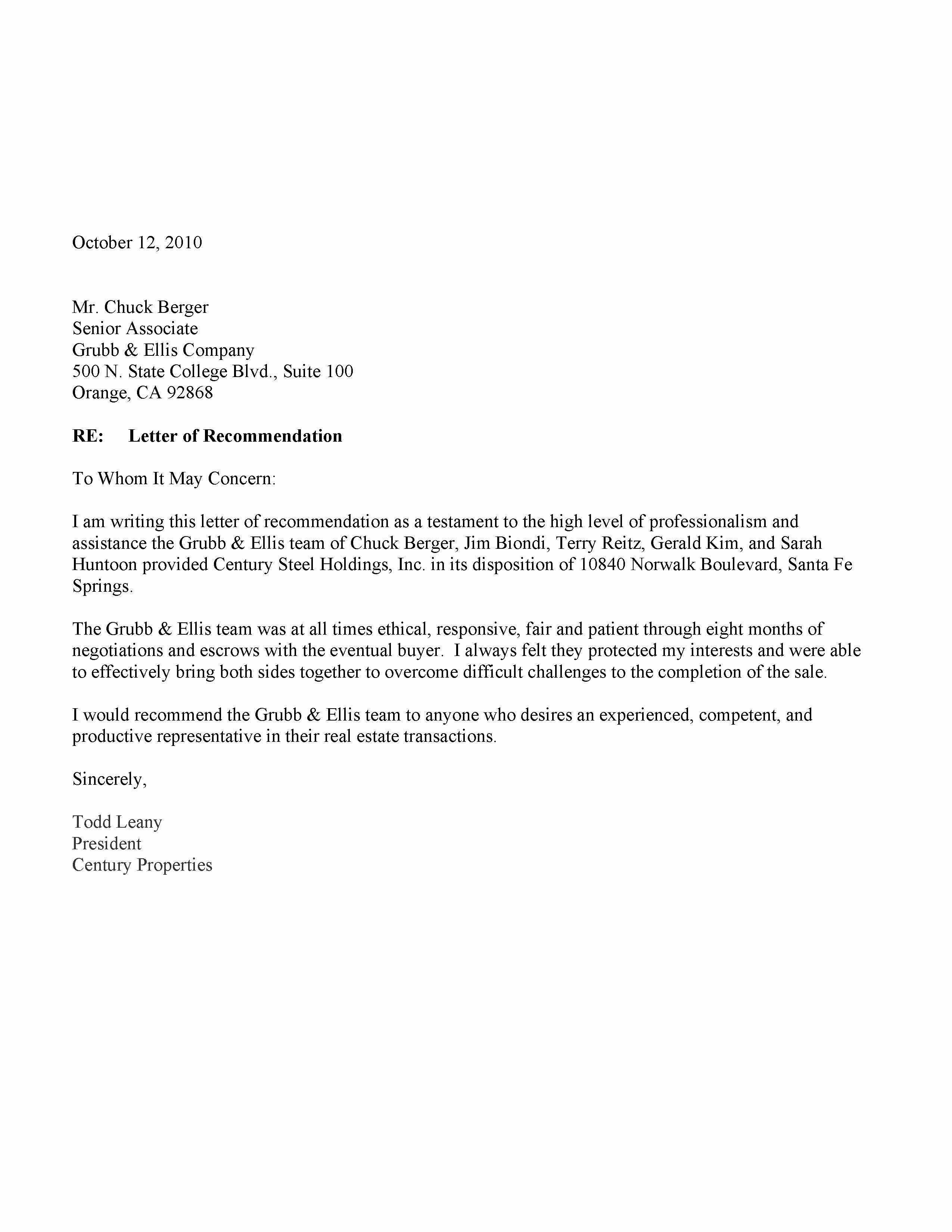 Realtor Recommendation Letter Examples Awesome Letter Of Re Mendation – Grubb and Ellis – Supply Chain