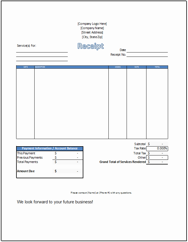 Receipt for Services Rendered New Service Receipt Template Spreadsheetshoppe
