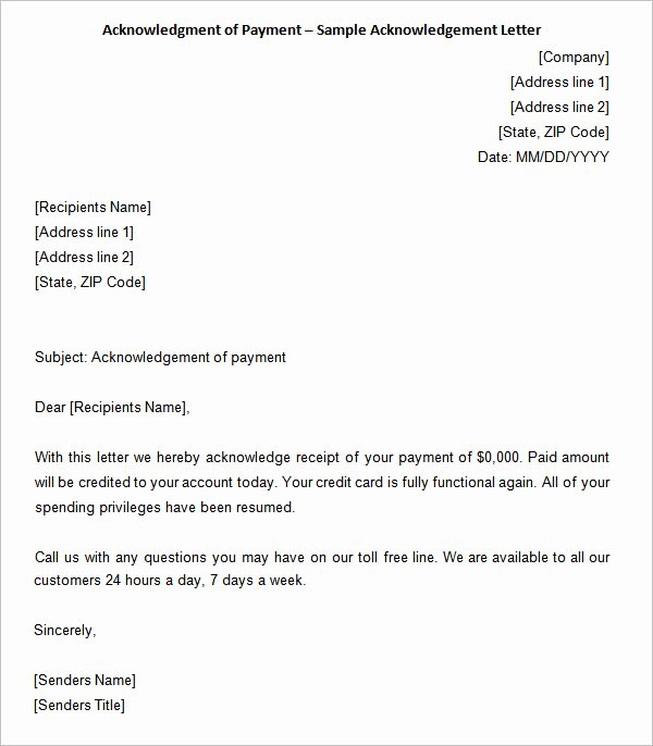 Receipt Of Payment Letter Lovely 31 Acknowledgement Letter Templates – Free Samples