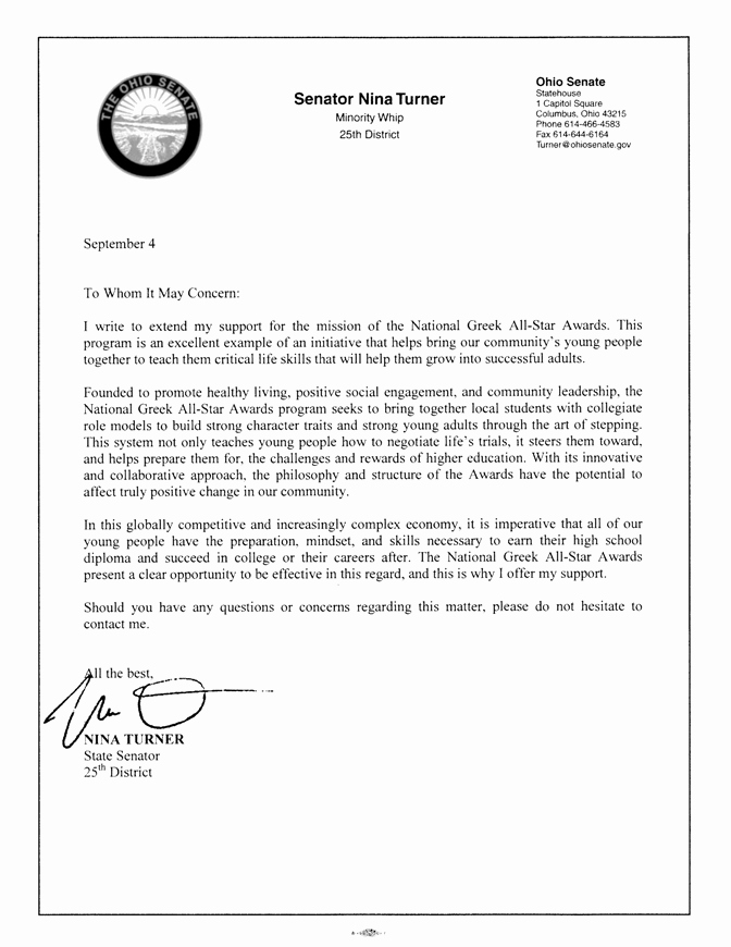 Recommendation Letter for Award Nomination Unique Letter Of Support Senator Turner D Oh Minority Whip
