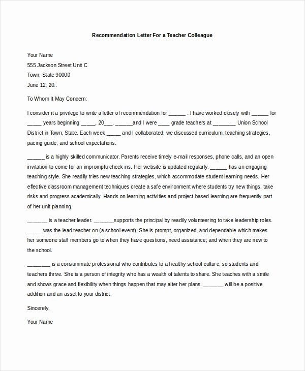 Recommendation Letter for Colleague Professor Best Of Sample Teacher Re Mendation Letter 8 Free Documents