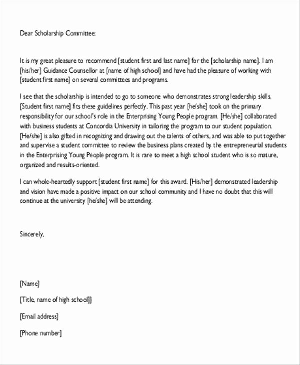 Recommendation Letter for College Scholarship Beautiful 8 Re Mendation Letters for Scholarship