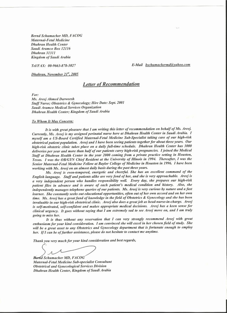 Recommendation Letter for Doctor Beautiful Bernd Schumacher Md Facog Maternal Fetal Medicine Dhahran