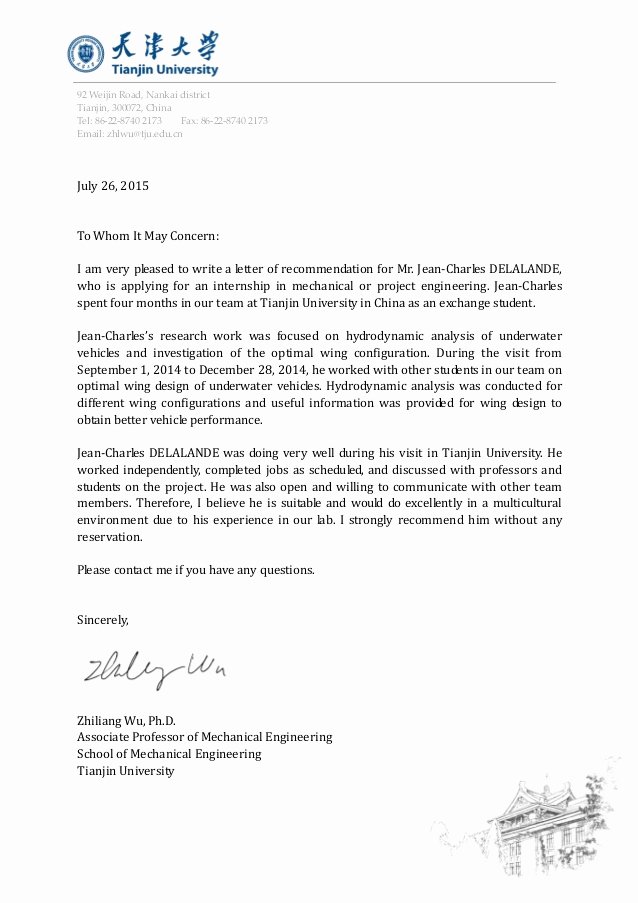 Recommendation Letter for Engineer Beautiful Re Mendation Letter From Zhiliang Wu Jean Charles