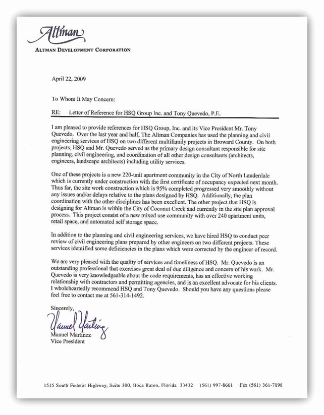 Recommendation Letter for Engineer Inspirational Florida Consulting Firm Hsq Group Inc