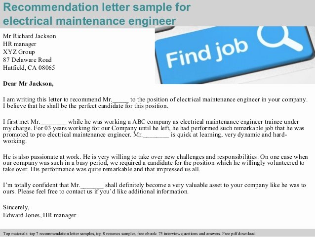 Recommendation Letter for Engineer Unique Electrical Maintenance Engineer Re Mendation Letter