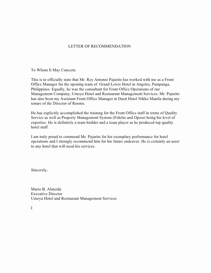 Recommendation Letter for Executive assistant Awesome Letter Of Re Mendation From Mr Mario Almeida Executive