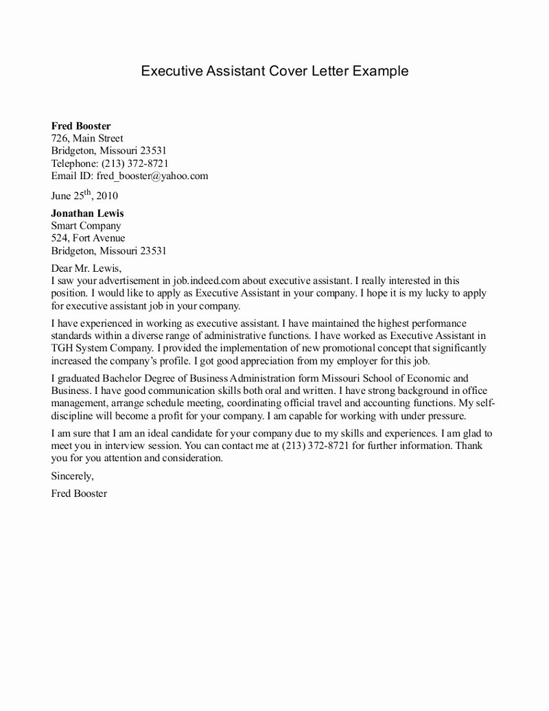 Recommendation Letter for Executive assistant New Executive assistant Cover Letter Example Administrative