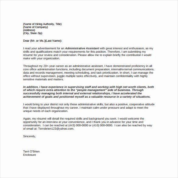 Recommendation Letter for Executive assistant Unique Sample Administrative assistant Cover Letter Template 8