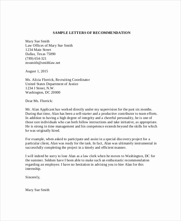 Recommendation Letter for Law School Awesome 9 Sample Re Mendation Letters